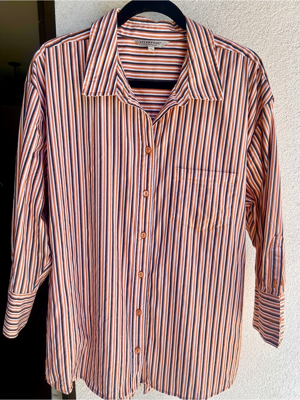Liverpool Oversized Striped Button-Up Short | Orange Gray White | Size Large